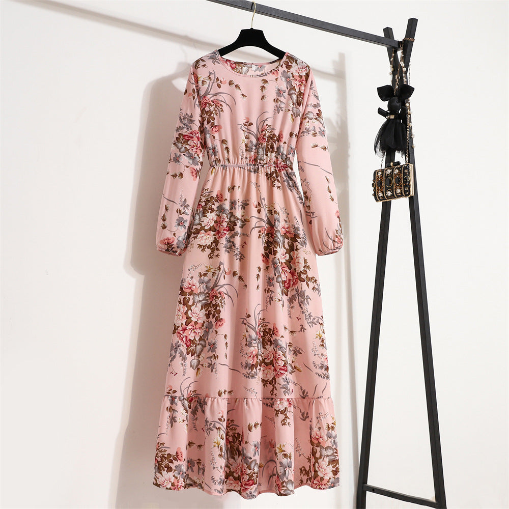 Spring and Autumn floral chiffon dress waist thin long sleeve round neck long printed skirt