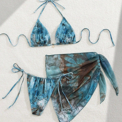 Apron Three Piece Bikini Vintage Print Tie Swimsuit Women&