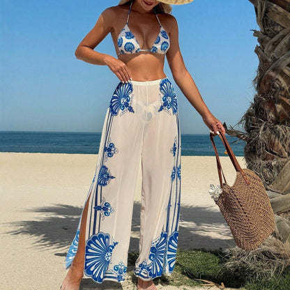 3 Piece Short Apron Bikini with Floral Print and Tie Straps Women&