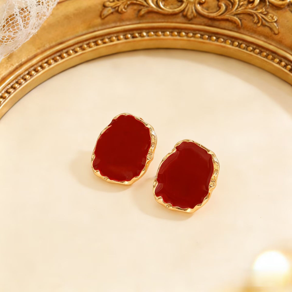 Vintage Irregular Square Red Black Glazed Ring &amp; Earrings Set Women Jewelry