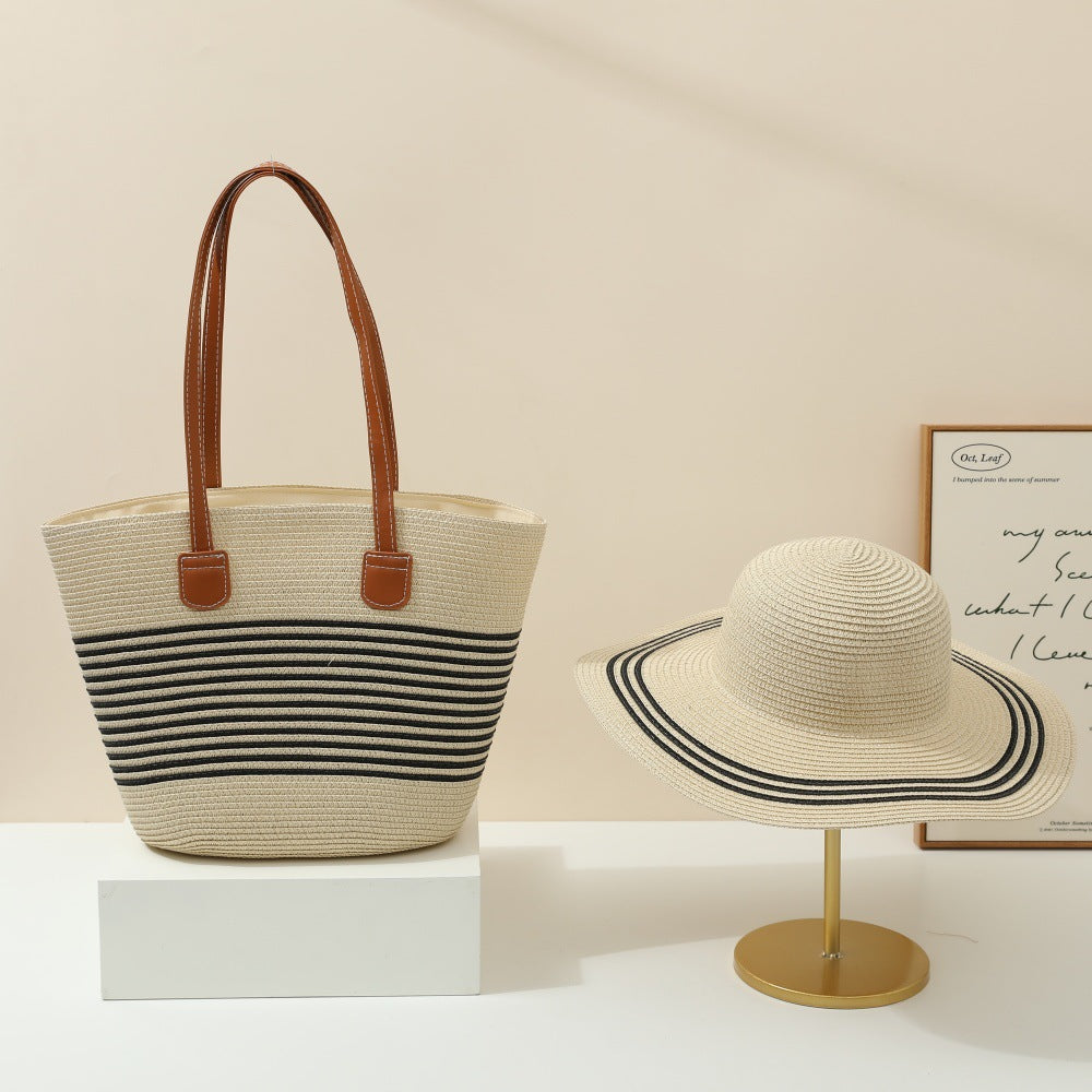 Straw Hat &amp; Tote Two-Piece Set – Wide-Brim Beach Duo, Large Capacity Striped Vacation Kit