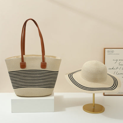 Straw Hat &amp; Tote Two-Piece Set – Wide-Brim Beach Duo, Large Capacity Striped Vacation Kit