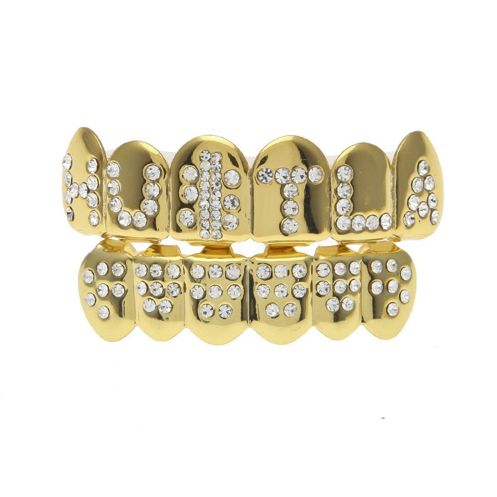 Hip-hop diamond-encrusted and gold-plated teeth grillz