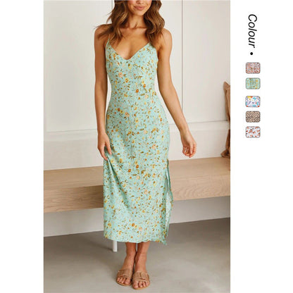 Floral Deep V Suspender Split Dress - Women&