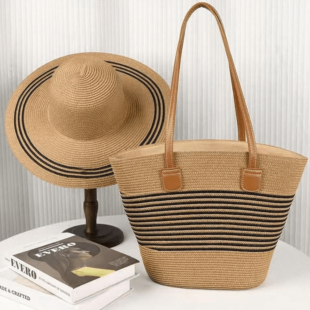 Straw Hat &amp; Tote Set – Beach Vacation Sun Protection Duo, Large Capacity Travel Tote