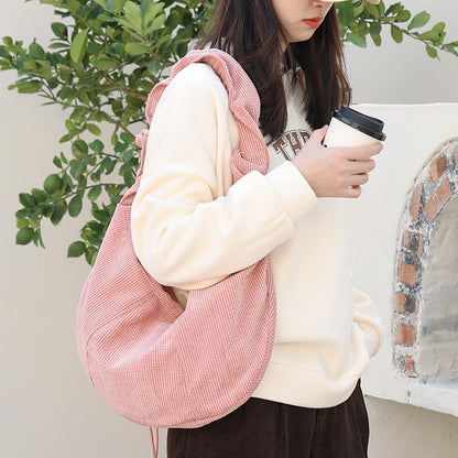 Canvas hobo bag, casual pleated shoulder bag, drawstring corduroy shoulder bag
