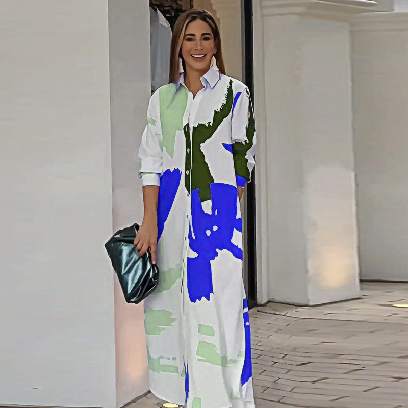 Autumn Printed Shirt Collar Loose Waist Dress Women