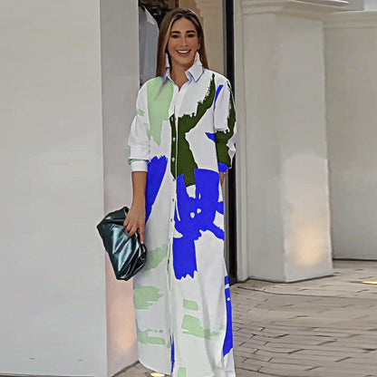 Autumn Printed Shirt Collar Loose Waist Dress Women