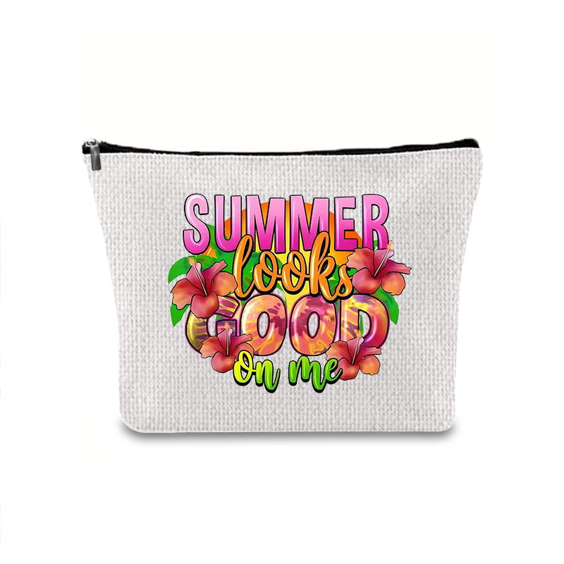 Linen printed cosmetic bag, cosmetic lipstick storage bag, small simple zipper evening clutch bag,