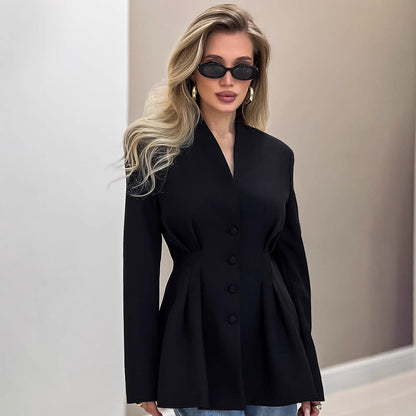 Women Clothing Autumn Elegant Slim Fit Abdomen Control Black Office Design V neck
