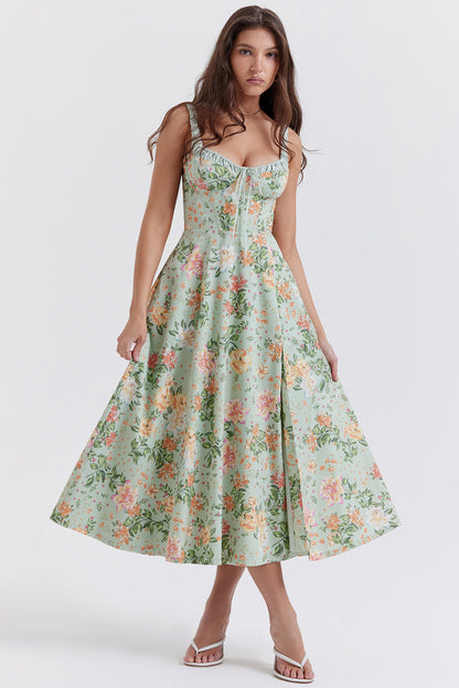 Spring Summer Women Printed Cami Dress Sexy Backless Slit Mid Length Dress for Women
