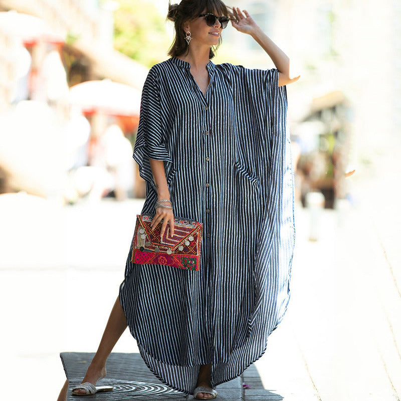 Black &amp; Brown Striped Beach Robe ¨C Sexy Single-Breasted Bikini Cover-Up, Vacation Kimono