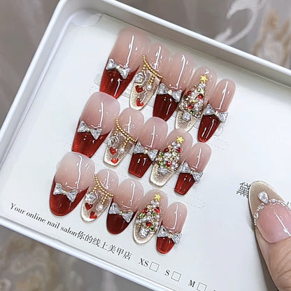 Handmade Nail Red Christmas Hand Painted Love Zircon Diamond Cat&