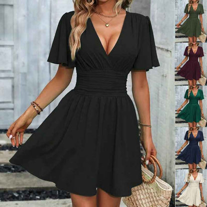 Deep v Waist Skinny Pleated Bubble Sleeve Dress Lantern Sleeve Bridesmaid