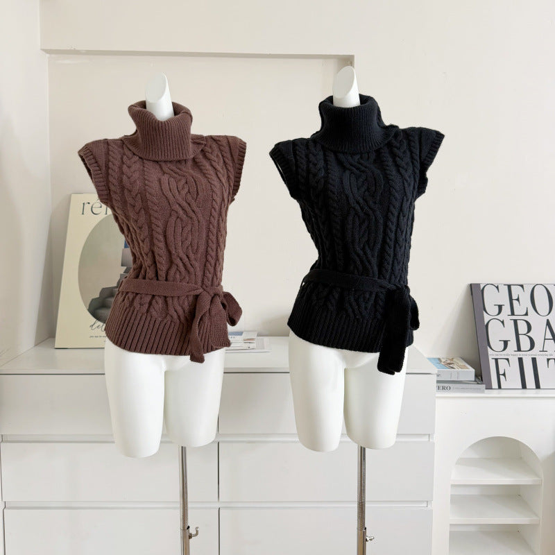 Thick needle knitting three-dimensional twist turtleneck small flying sleeve belt twisted sweater vest