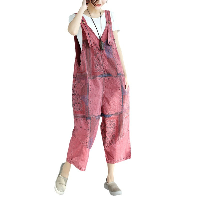 Printed Denim Suspender Pants with Worn-Out Look