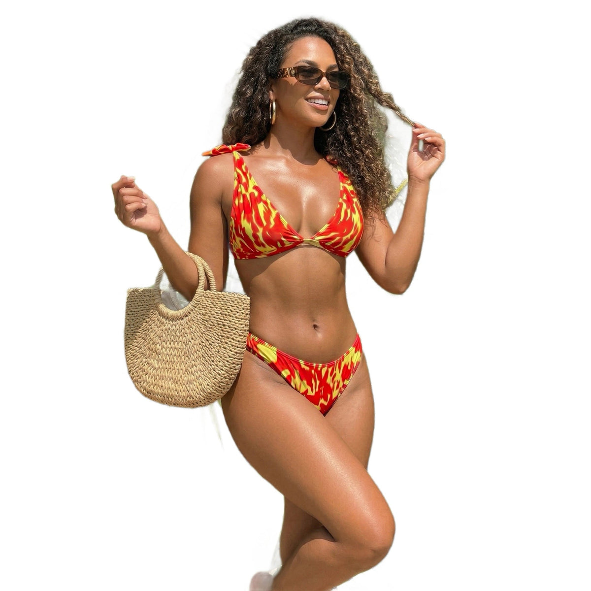Wind Flame Print Halter Bikini Two Piece Swimsuit Women&