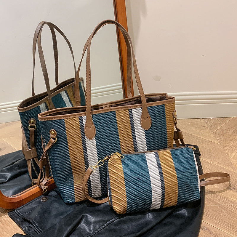 Canvas Striped Letter Print Tote – Large Shoulder &amp; Crossbody Bag, Trendy Versatile Shopper