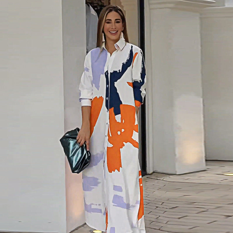 Autumn Printed Shirt Collar Loose Waist Dress Women