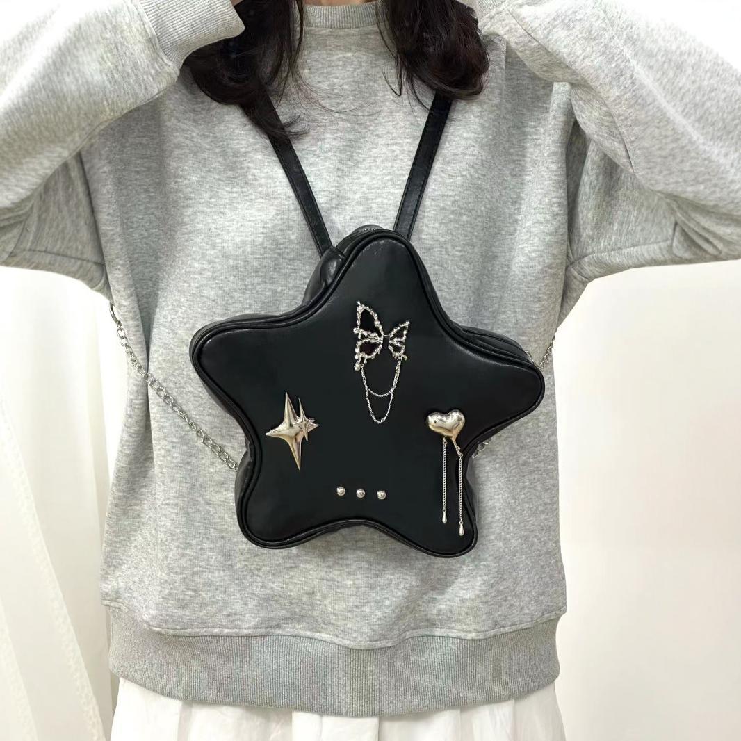 Mini black pentagram shaped shoulder purse, pendant shoulder backpack, fashionable versatile chain backpack for women