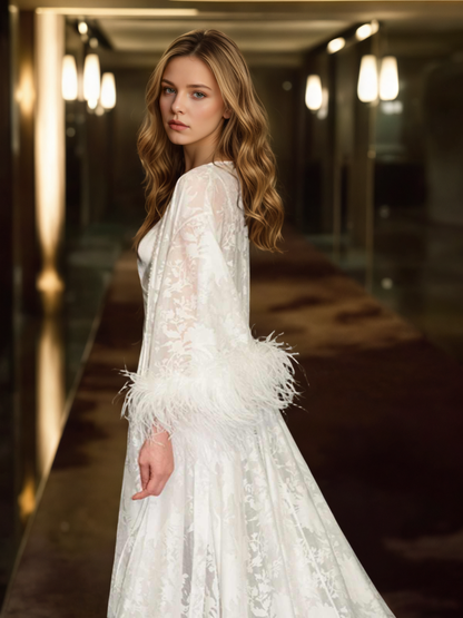 Luxury White Feather Trim Lace Long Robe Dress Set | Bridal Getting Ready &amp; Photoshoot Gown