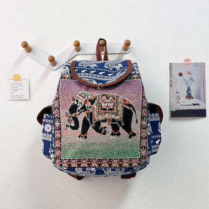 Retro Ethnic Drawstring Backpack – Elephant Embroidery Flap Closure, Bohemian Travel Daypack