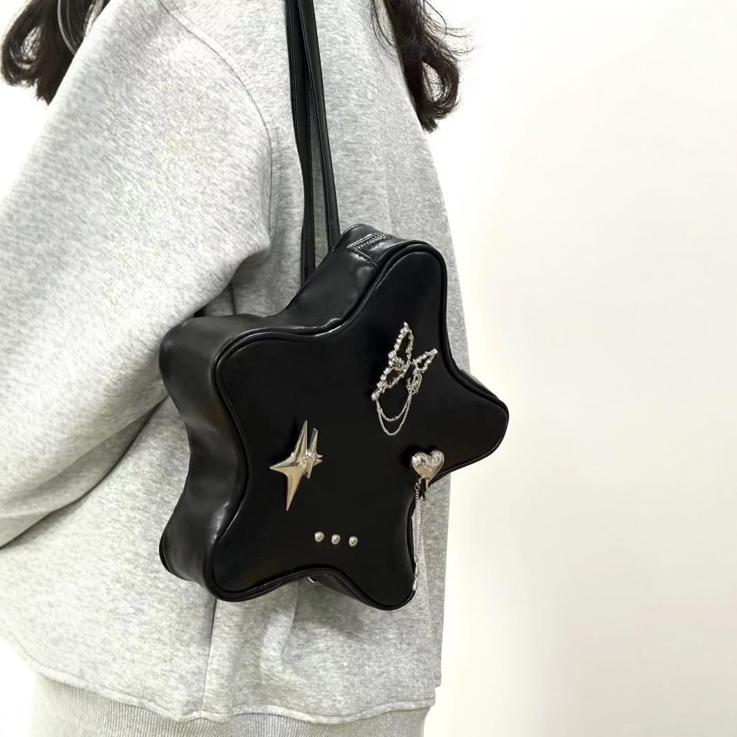 Mini black pentagram shaped shoulder purse, pendant shoulder backpack, fashionable versatile chain backpack for women