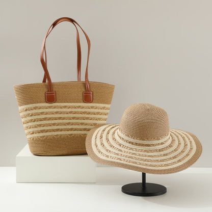 Straw Hat &amp; Tote Two-Piece Set – Wide-Brim Beach Duo, Large Capacity Striped Vacation Kit
