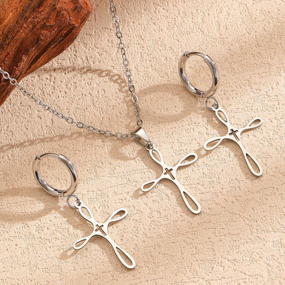 Cross Pendant Stainless Steel Clavicle Chain &amp; Earrings Set Simple Daily Jewelry