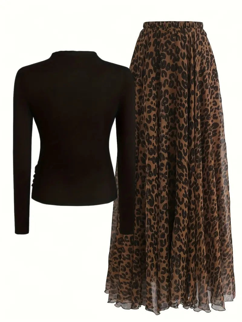 Leopard Print Skirt &amp; Black Top Set