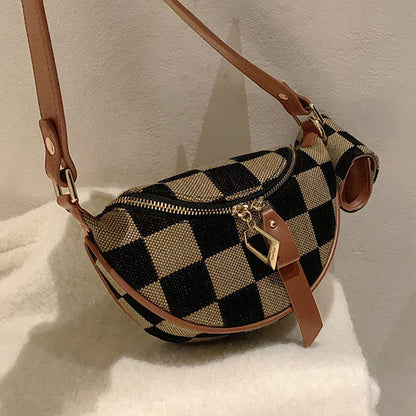 Small Crossbody Bag – Versatile Commute with Checkerboard Canvas, Compact Earphone Bag, Stylish 2-in-1 Chest Bag &amp; Fanny Pack for Everyday Use