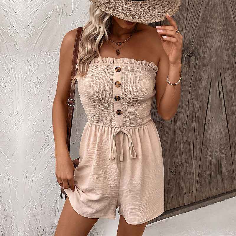 Summer Casual Vacation Solid Color Jumpsuit Design Sense Elastic Tube Top Jumpsuit Shorts Belted Wide Leg Jumpsuit With Button