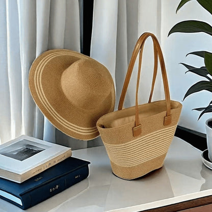 Straw Hat &amp; Tote Set – Beach Vacation Sun Protection Duo, Large Capacity Travel Tote