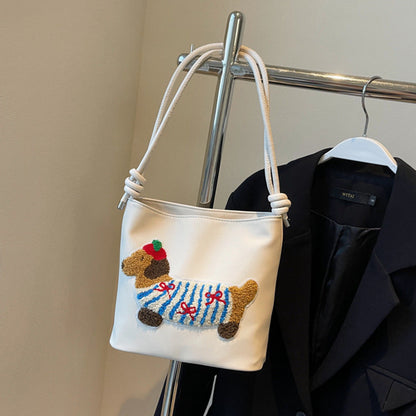 Adorable Cute Puppy Pattern Canvas Bag - Fashionable Bucket Style Shoulder Bag for Students &amp; Women Hobo