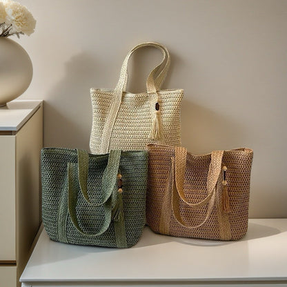 Wooden Bead Tassel Handwoven Bag – Large Straw Tote, Vacation Beach Shoulder &amp; Hand Purse