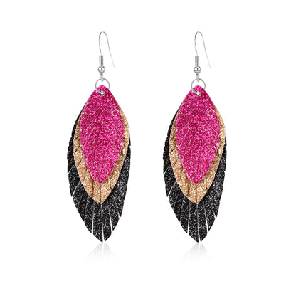 Bohemian Geometric Drop Earrings - Lightweight Feather, Leaf &amp; Multi-Color Fringe Triple Tassel Dangles