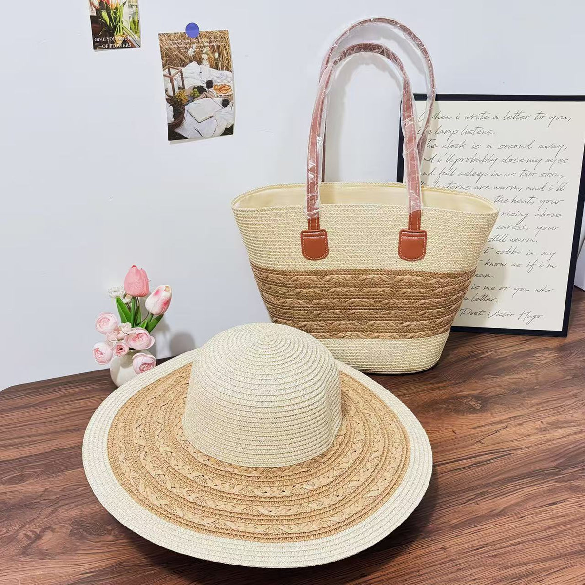 Straw Hat &amp; Tote Two-Piece Set – Wide-Brim Beach Duo, Large Capacity Striped Vacation Kit