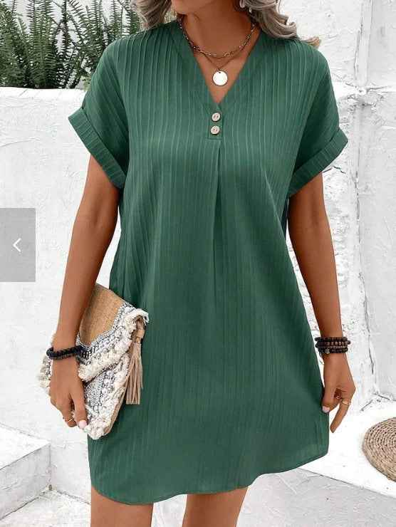 Solid Color Pullover Comfortable Casual Button Dress V-Neck Batwing Sleeve Dress