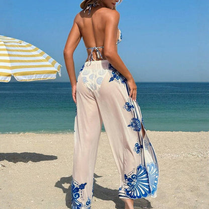 3 Piece Short Apron Bikini with Floral Print and Tie Straps Women&