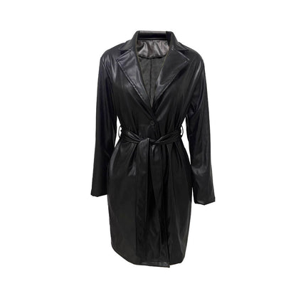 Long Leather Coat with Lapel