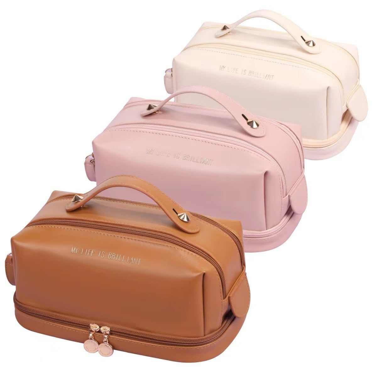 Double layer double zipper makeup bag for women,Large capacity women&