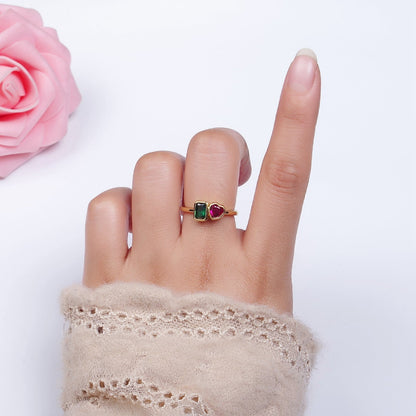 14K Gold Filled Green Baguette Fuchsia Heart Ring | O-580