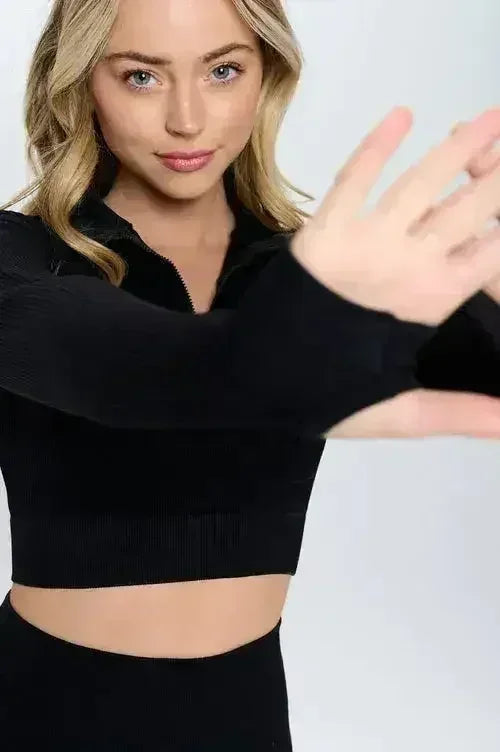Seamless Half Zip Thumb Holes Crop Top | Stylish &amp; Functional