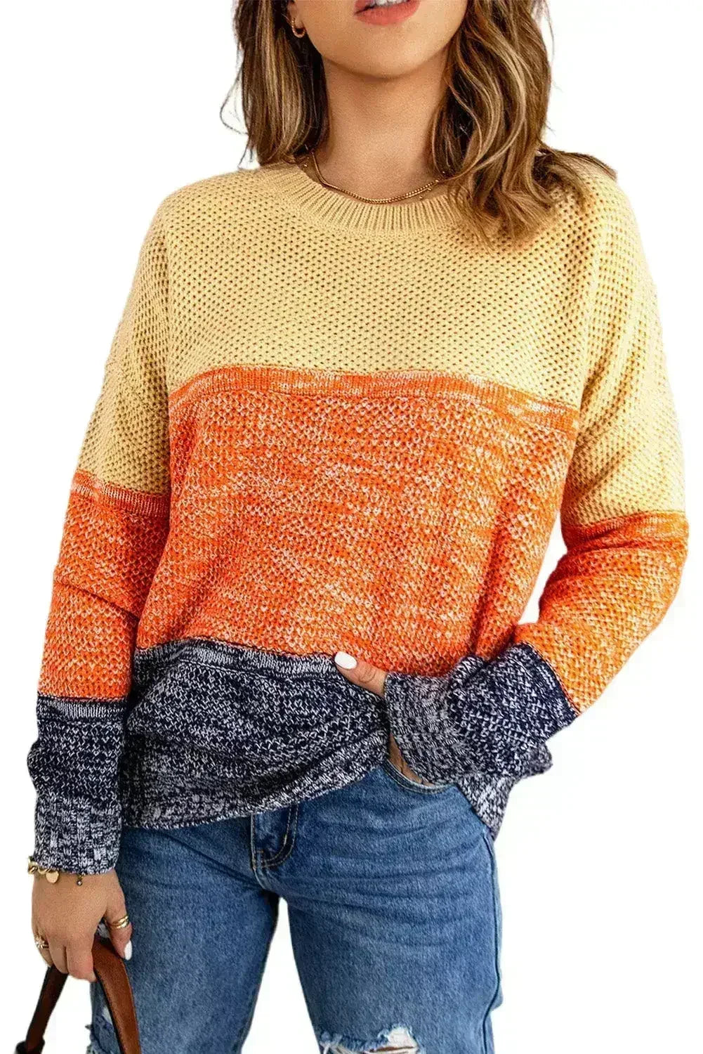 Orange &amp; Blue Color Block Sweater | Women’s Winter Knit | Femstylo