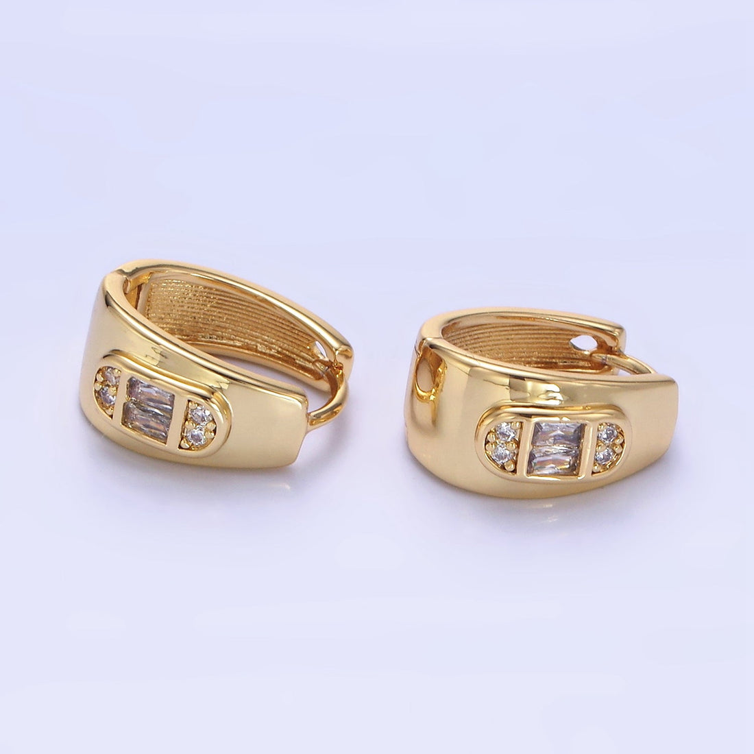14K Gold Filled 15mm Baguette CZ Oblong Dome Hoop Earrings | P496
