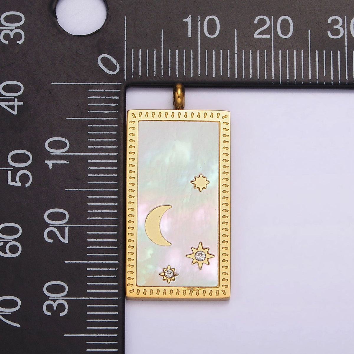 Stainless Steel 30mm Celestial Crescent Moon Star Shell Pearl Rectangular Tag Charm in Gold &amp; Silver | P-669 P-670