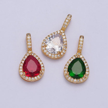 21mm Clear, Red, Green CZ Micro Paved Teardrop Solitaire Pendant | AA00011 - AA00013