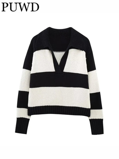 Women Fashion Black Striped Knit Sweater Spring Vintage Polo Neck Long Sleeve Female Pullovers Chic Tops