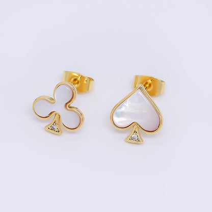 24K Gold Filled Shell Pearl Spades &amp; Clubs Card Mis Matched Stud Earrings | Q-346