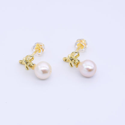 24K Gold Filled 10mm Freshwater Pearl Round Knot Bow Ribbon Drop Stud Earrings | Q417